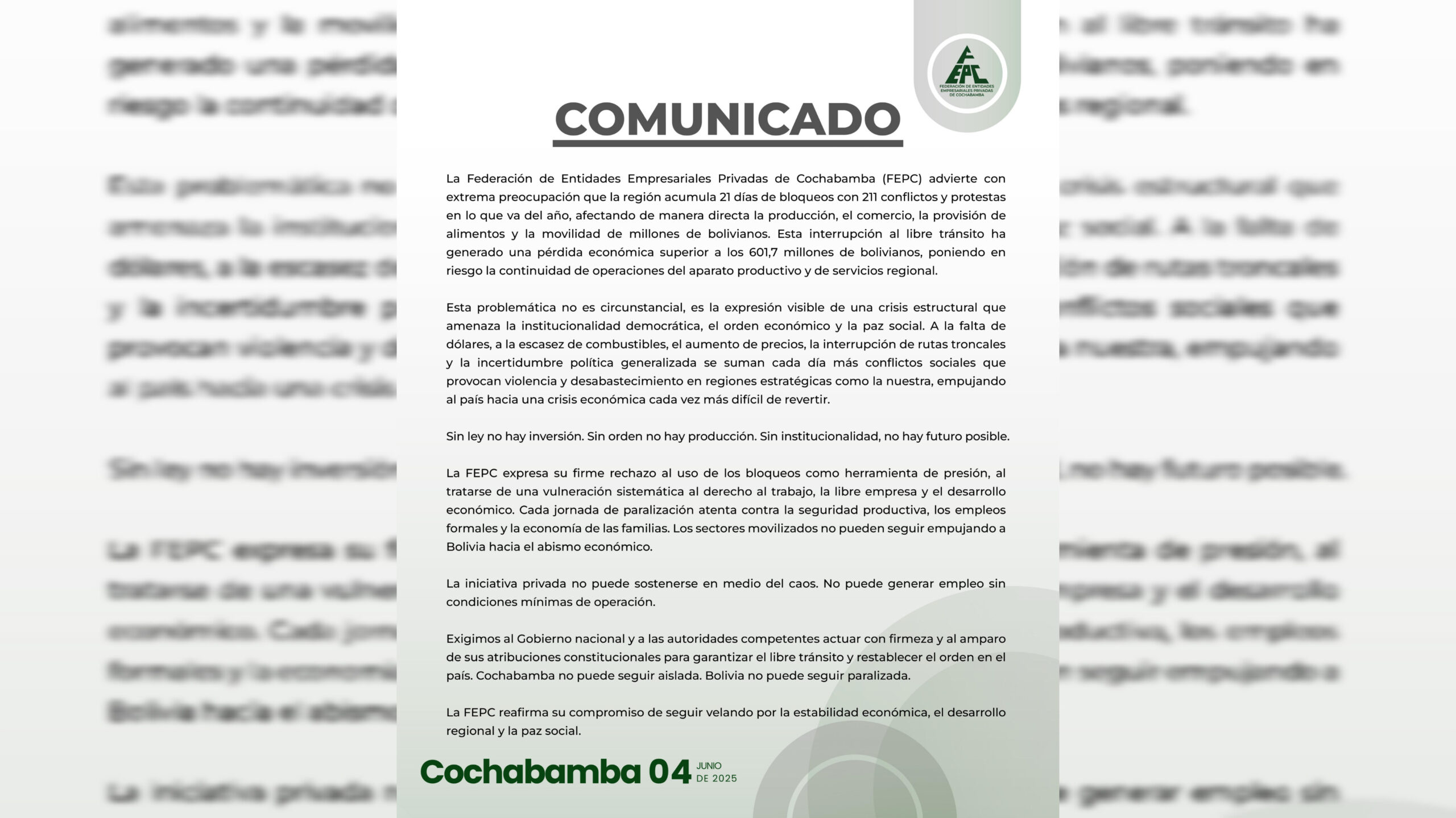 Empresarios de Cochabamba advierten una crisis económica irreversible por bloqueos y conflictos