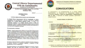 COD y Fabriles de Cochabamba convocan a paro movilizado indefinido desde este jueves